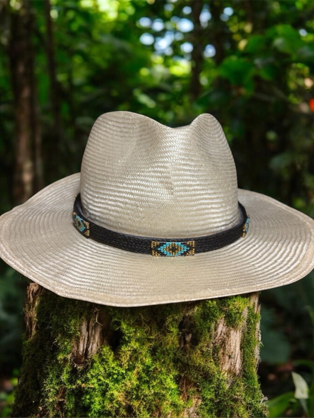 Cream Straw Fedora with Black Beaded Band - Men's Hat